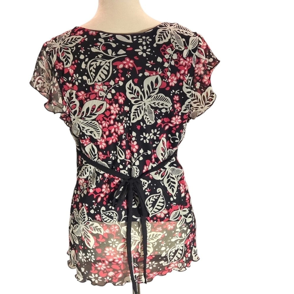 First Option Floral Black Pink White Women's L Top Sheer Shell & Sleeves Lined - Picture 3 of 12